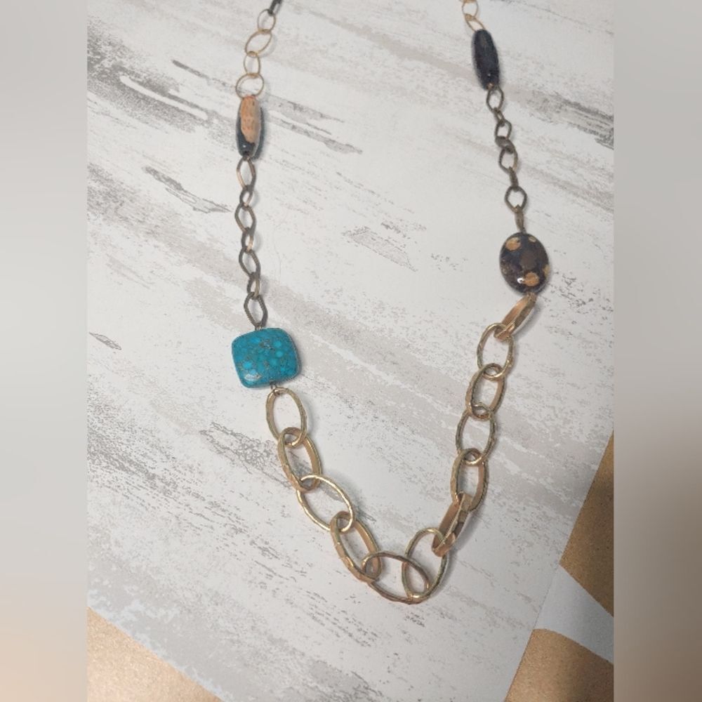 A.V. Max 14k Gold plated brass turquoise, petrified wood & bone necklace